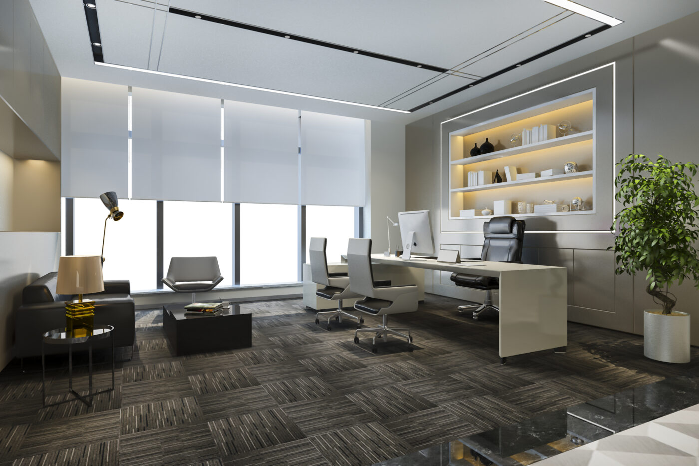 Office with motorized blinds