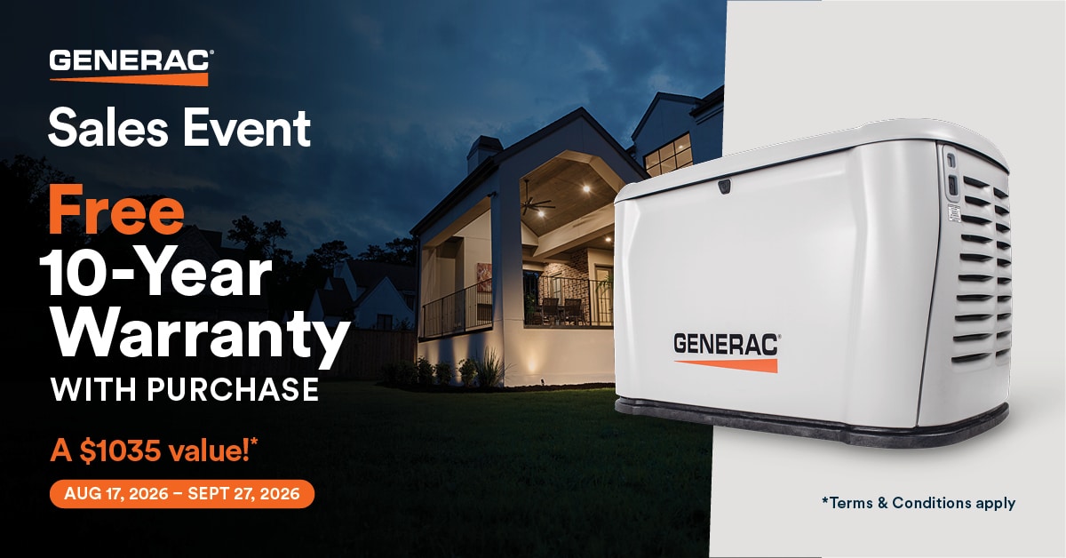 Generac Sales Event - Free 10-Year Warranty with purchase, a $1035 value, August 17 to September 27 2026